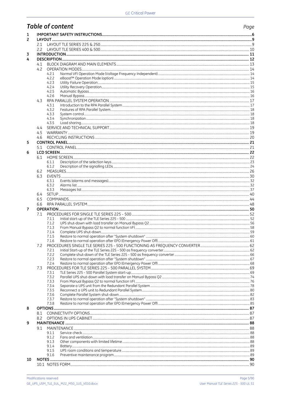 Table of content | GE Industrial Solutions TLE Series 225-500 User Manual User Manual | Page 5 / 90