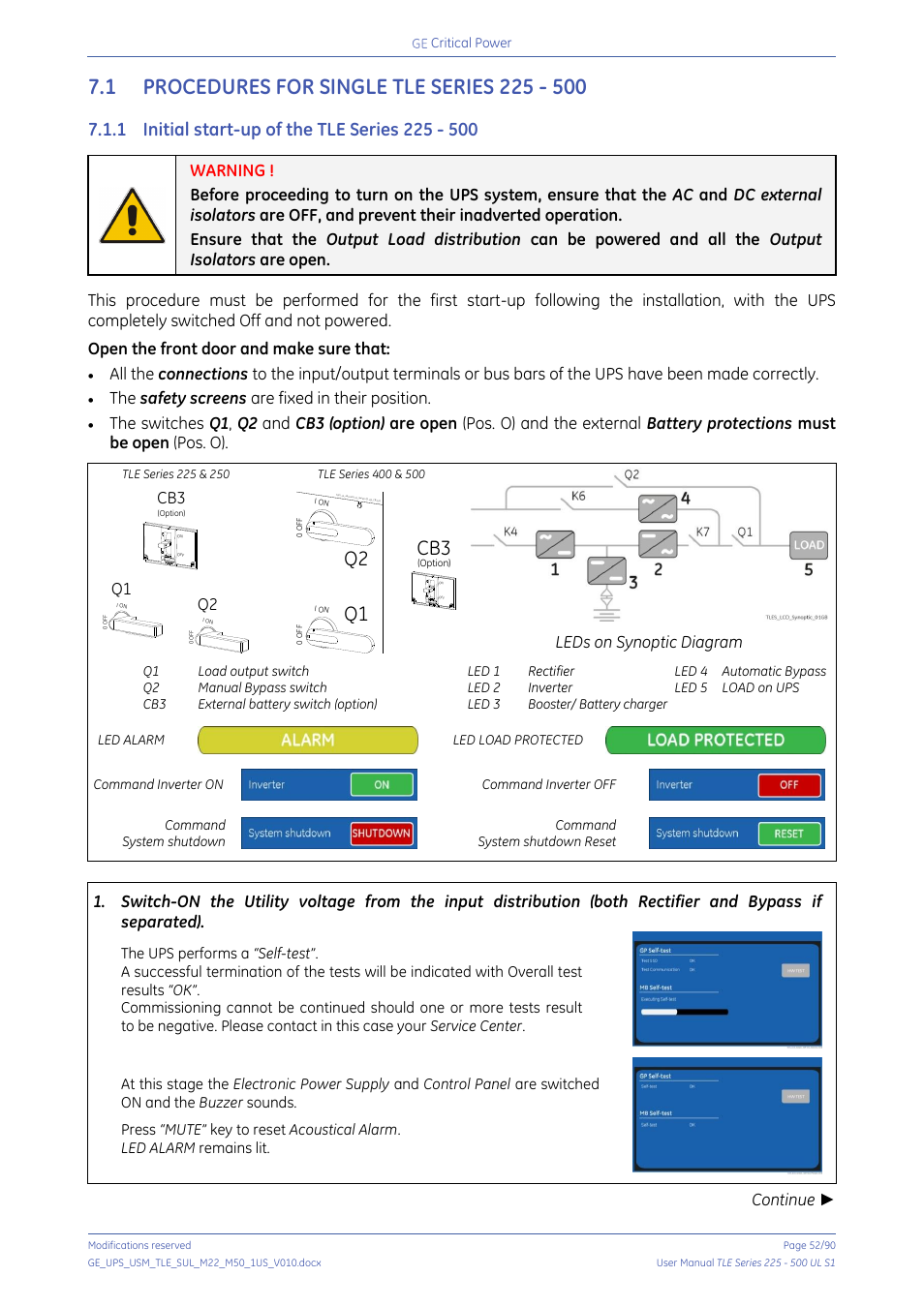 1 procedures for single tle series 225 - 500, 1 initial start-up of the tle series 225 - 500, Procedures for single tle series 225 - 500 | Initial start-up of the tle series 225 - 500, Open the front door and make sure that, The safety screens are fixed in their position, Leds on synoptic diagram, Continue ► cb3 | GE Industrial Solutions TLE Series 225-500 User Manual User Manual | Page 52 / 90