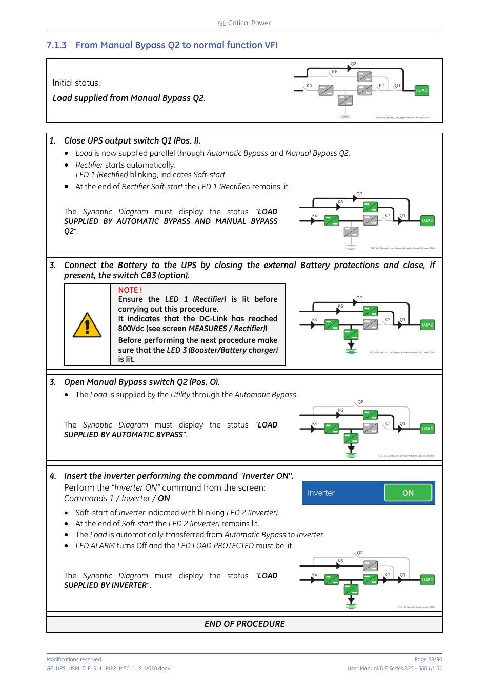 3 from manual bypass q2 to normal function vfi, From manual bypass q2 to normal function vfi | GE Industrial Solutions TLE Series 225-500 User Manual User Manual | Page 58 / 90