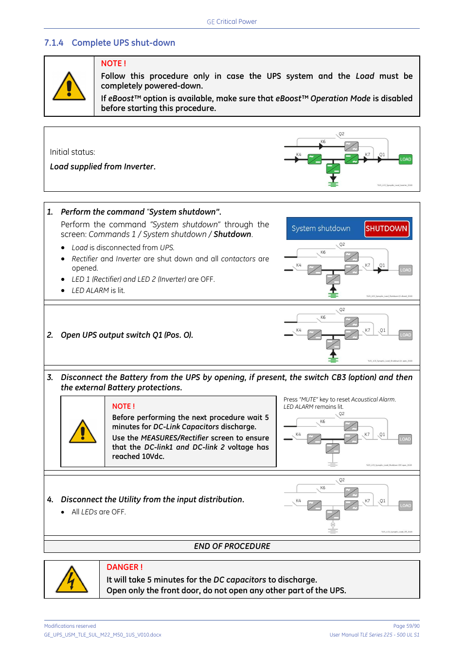 4 complete ups shut-down, Complete ups shut-down | GE Industrial Solutions TLE Series 225-500 User Manual User Manual | Page 59 / 90