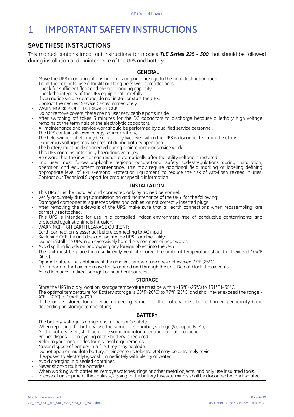 1 important safety instructions, Important safety instructions, Save these instructions | General, Installation, Storage, Battery | GE Industrial Solutions TLE Series 225-500 User Manual User Manual | Page 6 / 90