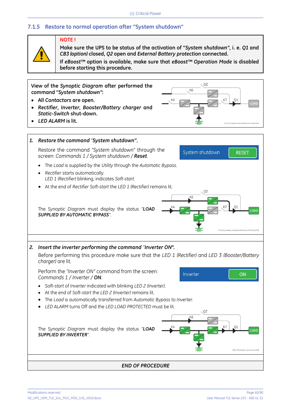 Restore to normal operation after “system shutdown | GE Industrial Solutions TLE Series 225-500 User Manual User Manual | Page 60 / 90