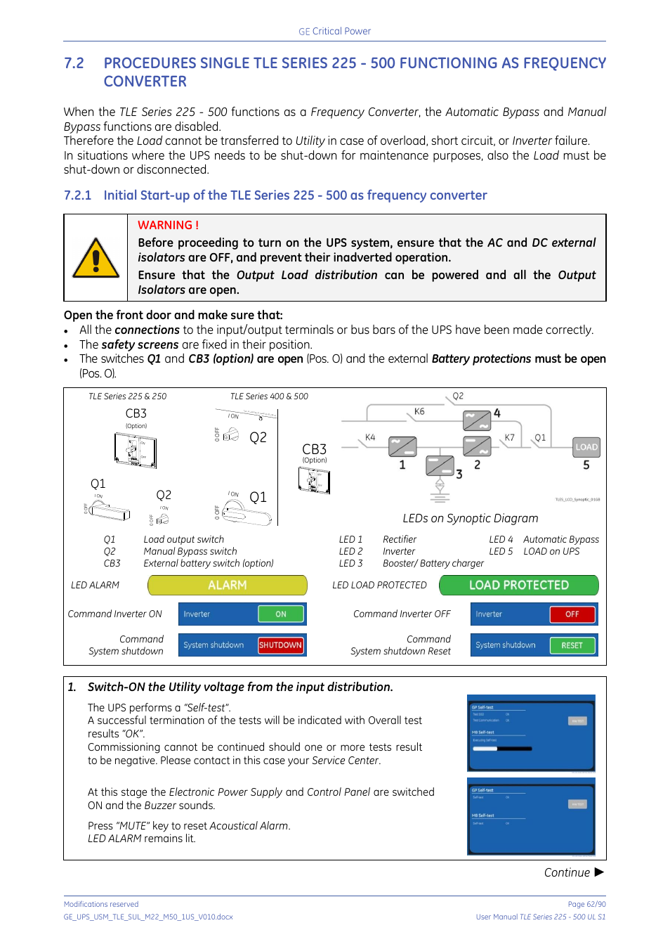Open the front door and make sure that, The safety screens are fixed in their position, Leds on synoptic diagram | Continue | GE Industrial Solutions TLE Series 225-500 User Manual User Manual | Page 62 / 90
