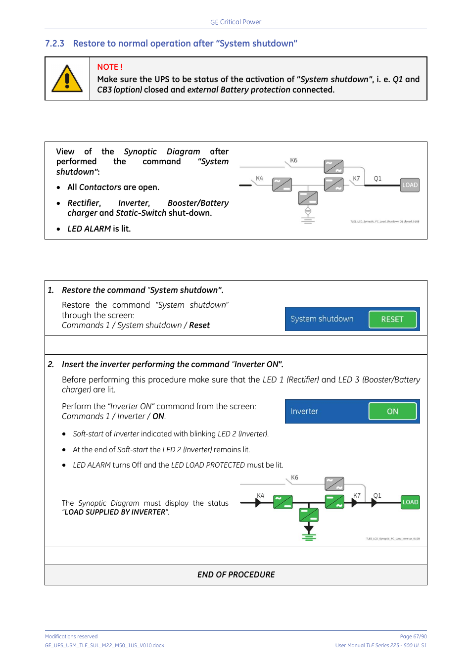 Restore to normal operation after “system shutdown | GE Industrial Solutions TLE Series 225-500 User Manual User Manual | Page 67 / 90