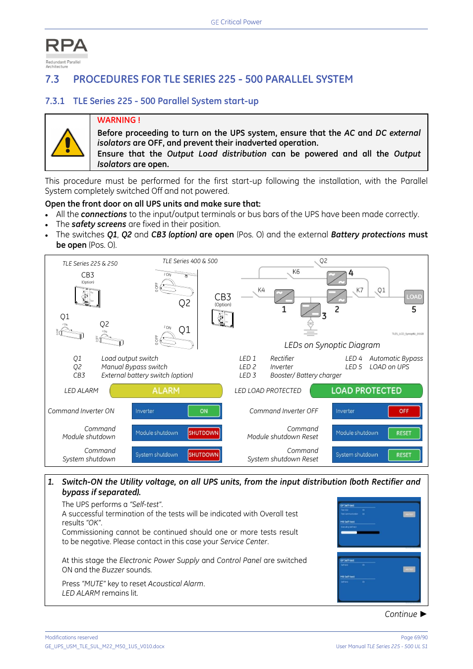 1 tle series 225 - 500 parallel system start-up, Tle series 225 - 500 parallel system start-up, The safety screens are fixed in their position | Leds on synoptic diagram, Continue | GE Industrial Solutions TLE Series 225-500 User Manual User Manual | Page 69 / 90