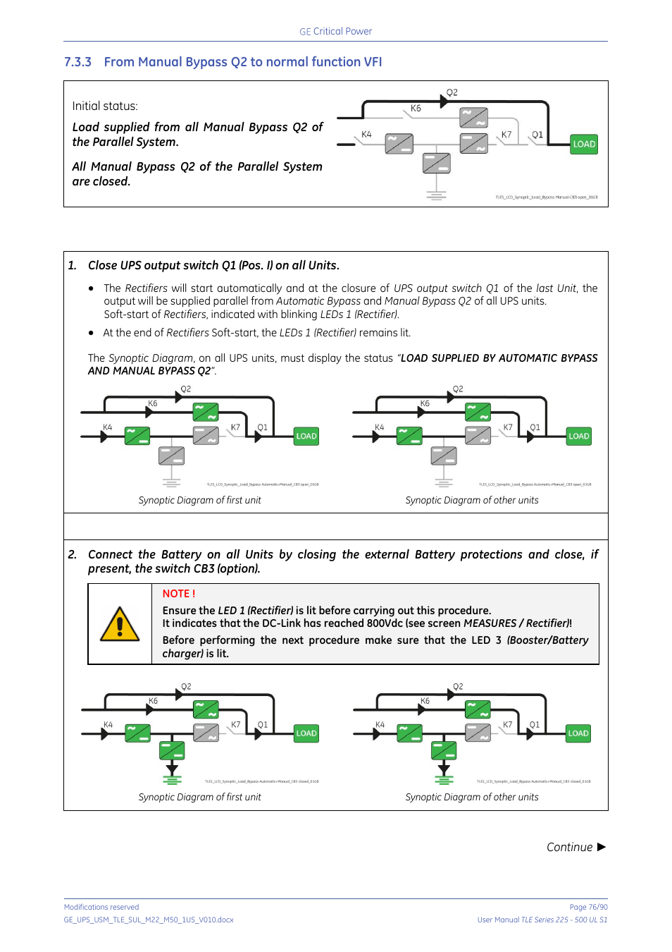 3 from manual bypass q2 to normal function vfi, From manual bypass q2 to normal function vfi | GE Industrial Solutions TLE Series 225-500 User Manual User Manual | Page 76 / 90
