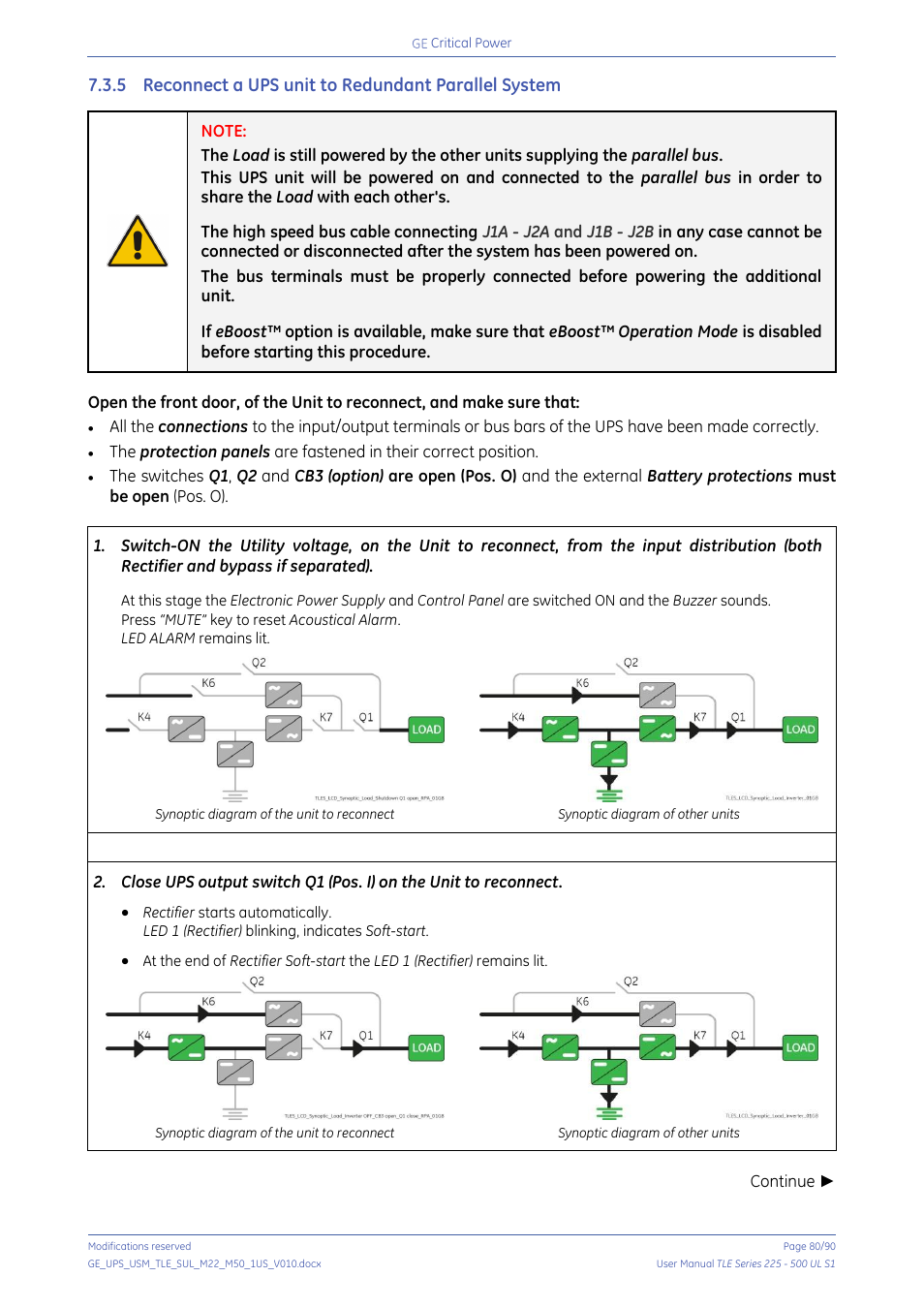 Reconnect a ups unit to redundant parallel system | GE Industrial Solutions TLE Series 225-500 User Manual User Manual | Page 80 / 90