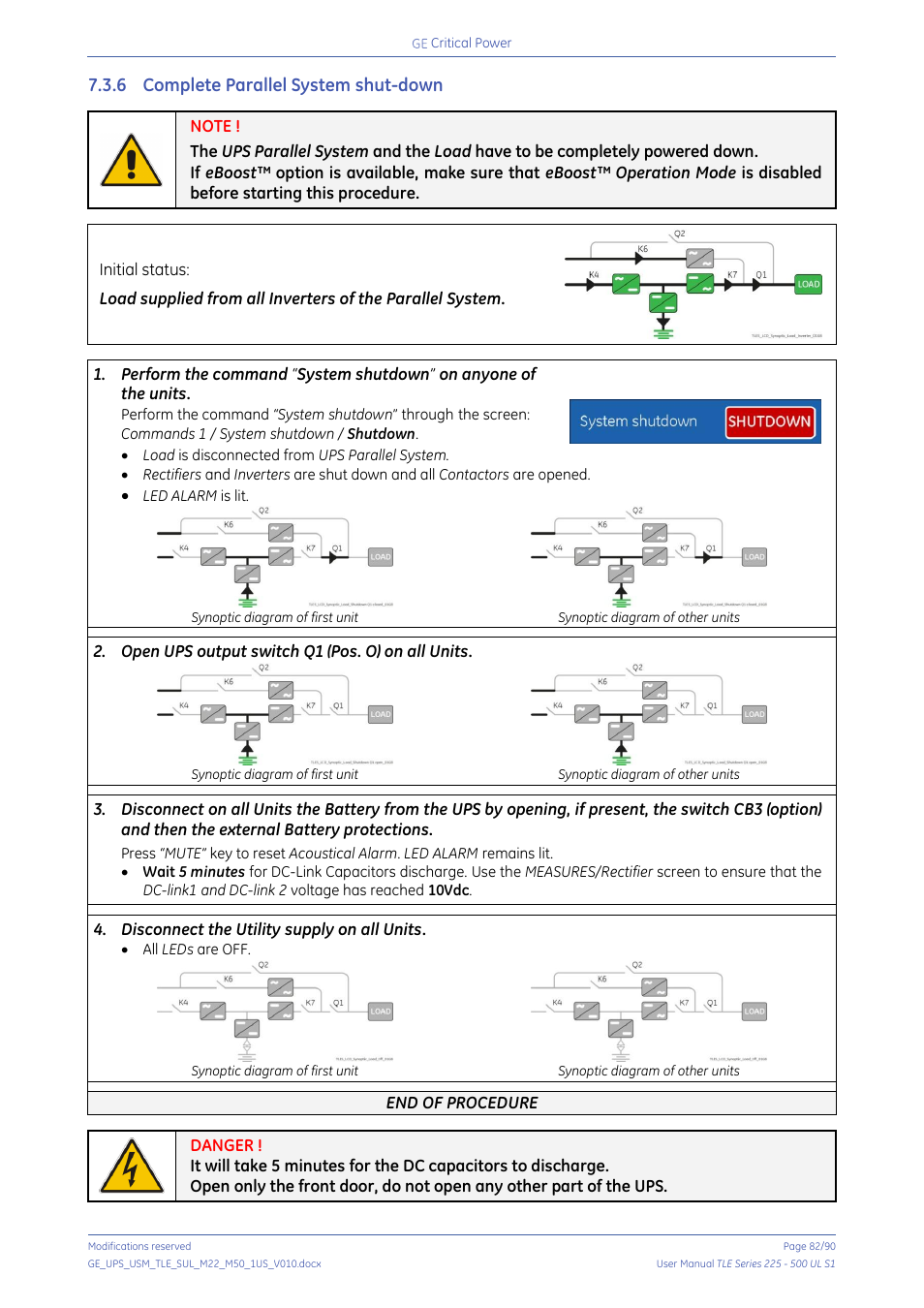 6 complete parallel system shut-down, Complete parallel system shut-down | GE Industrial Solutions TLE Series 225-500 User Manual User Manual | Page 82 / 90