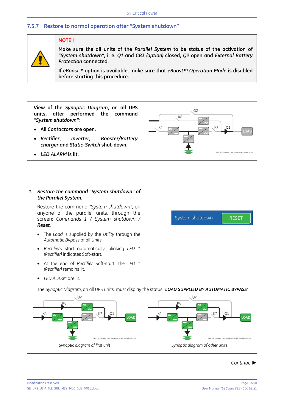 Restore to normal operation after “system shutdown | GE Industrial Solutions TLE Series 225-500 User Manual User Manual | Page 83 / 90