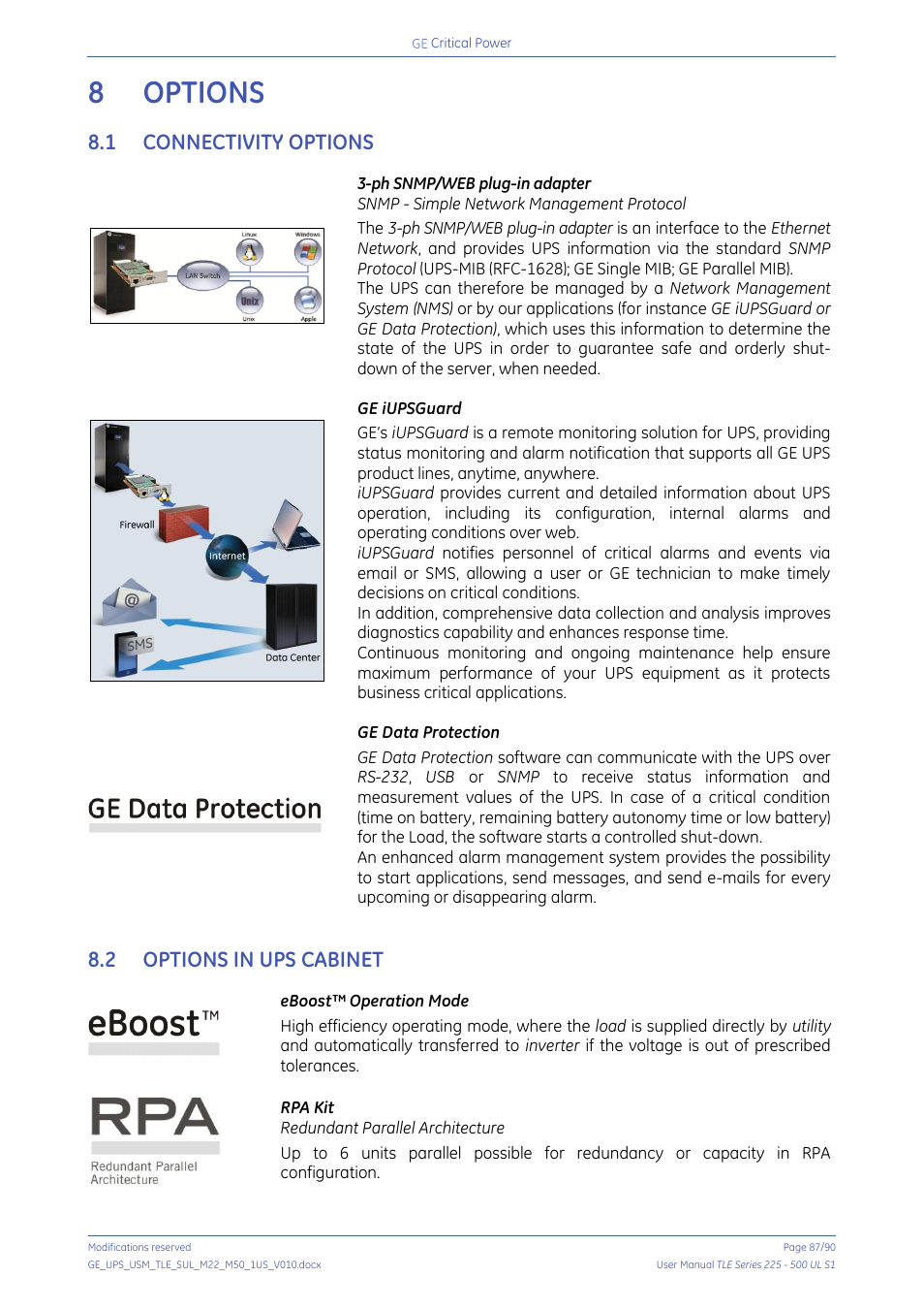 8 options, 1 connectivity options, 2 options in ups cabinet | Options, Connectivity options, Options in ups cabinet | GE Industrial Solutions TLE Series 225-500 User Manual User Manual | Page 87 / 90
