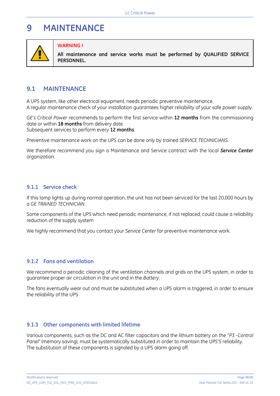 9 maintenance, 1 maintenance, 1 service check | 2 fans and ventilation, 3 other components with limited lifetime, Maintenance, Service check, Fans and ventilation, Other components with limited lifetime | GE Industrial Solutions TLE Series 225-500 User Manual User Manual | Page 88 / 90