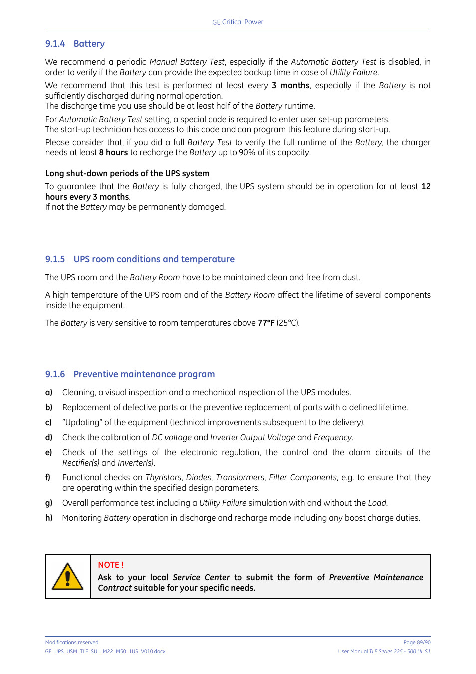 4 battery, 5 ups room conditions and temperature, 6 preventive maintenance program | Battery, Ups room conditions and temperature, Preventive maintenance program | GE Industrial Solutions TLE Series 225-500 User Manual User Manual | Page 89 / 90