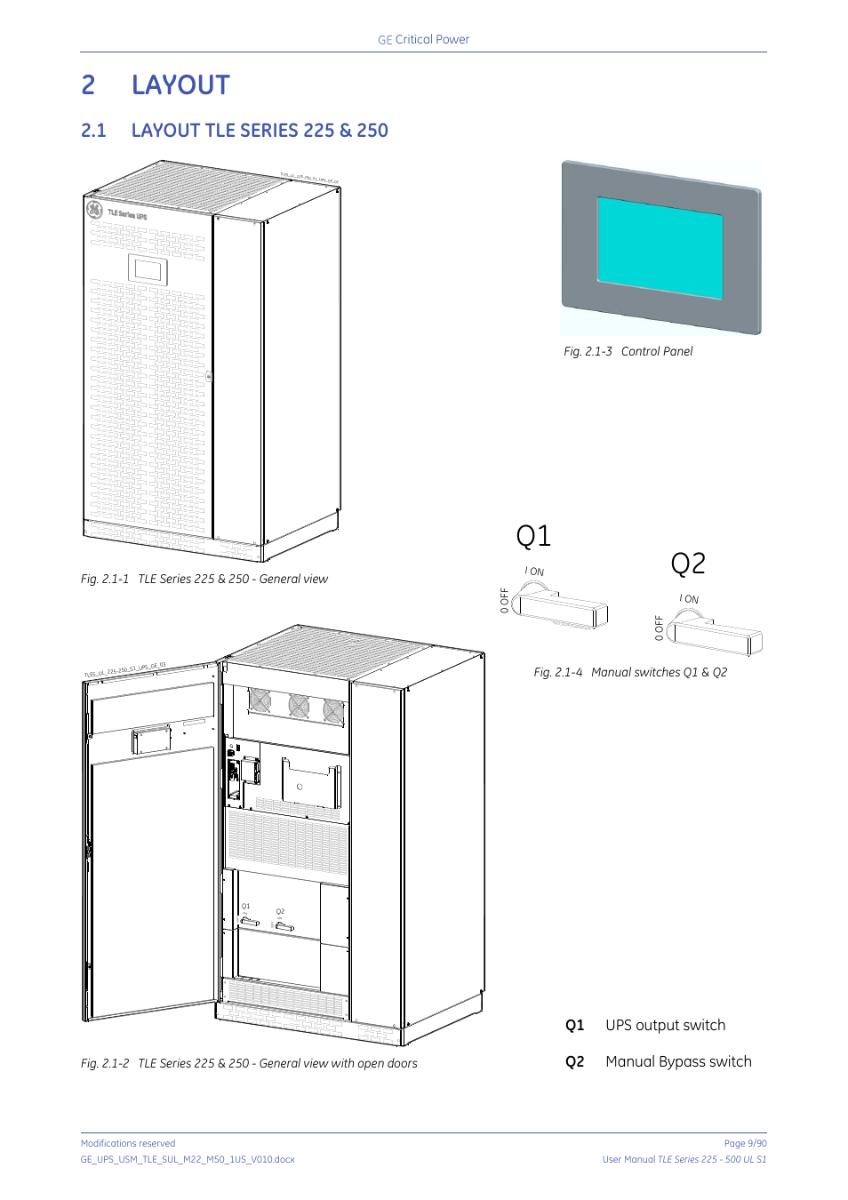 2 layout, 1 layout tle series 225 & 250, Layout | Layout tle series 225 & 250, Q1 ups output switch q2 manual bypass switch | GE Industrial Solutions TLE Series 225-500 User Manual User Manual | Page 9 / 90