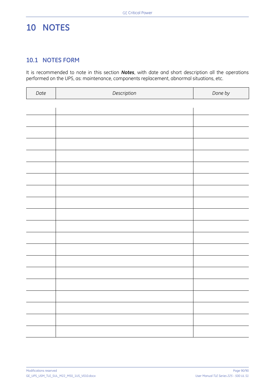 10 notes, 1 notes form, Notes | Notes form | GE Industrial Solutions TLE Series 225-500 User Manual User Manual | Page 90 / 90