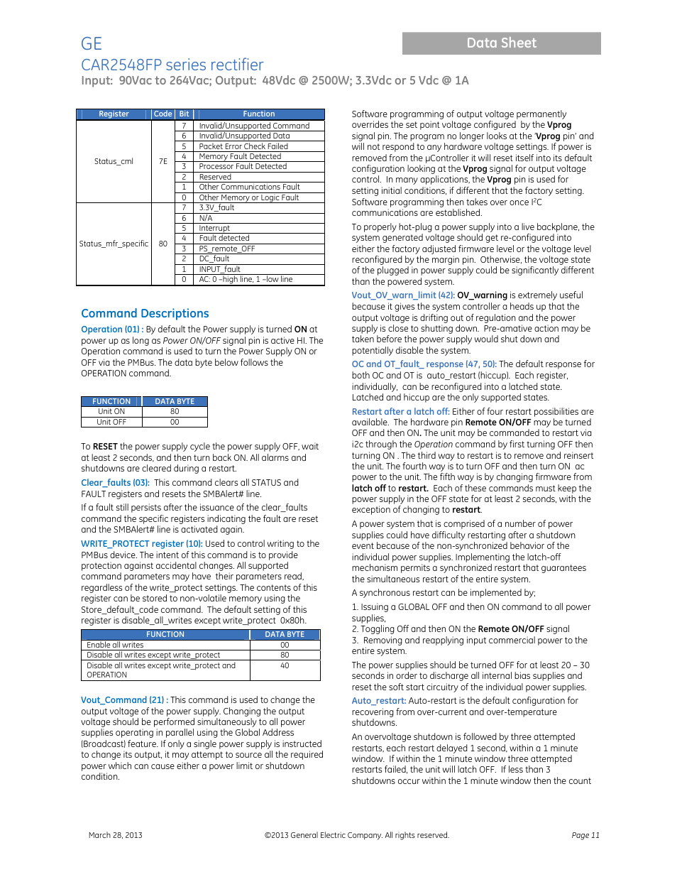 Car2548fp series rectifier, Data sheet, Command descriptions | GE Industrial Solutions CAR2548FP series User Manual | Page 11 / 15