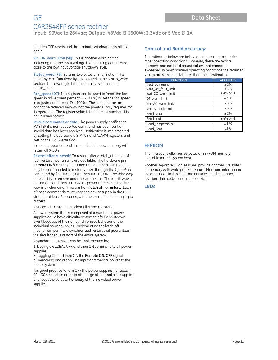 Car2548fp series rectifier, Data sheet, Control and read accuracy | Eeprom, Leds | GE Industrial Solutions CAR2548FP series User Manual | Page 12 / 15