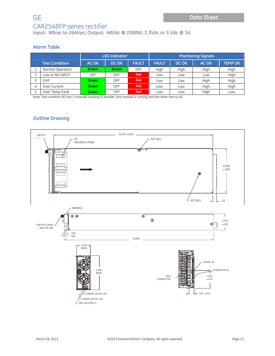 Car2548fp series rectifier, Data sheet, Alarm table | Outline drawing | GE Industrial Solutions CAR2548FP series User Manual | Page 13 / 15