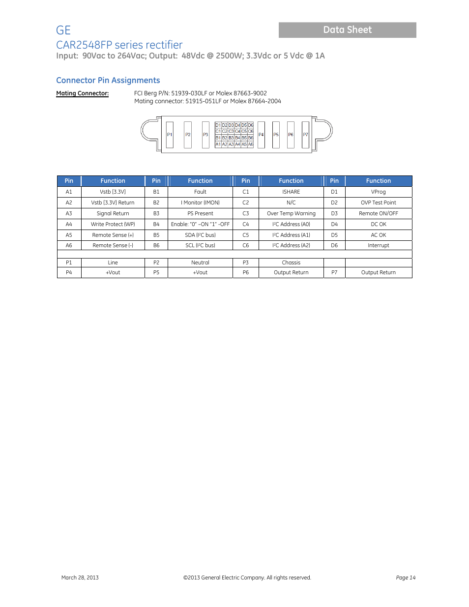 Car2548fp series rectifier, Data sheet, Connector pin assignments | GE Industrial Solutions CAR2548FP series User Manual | Page 14 / 15