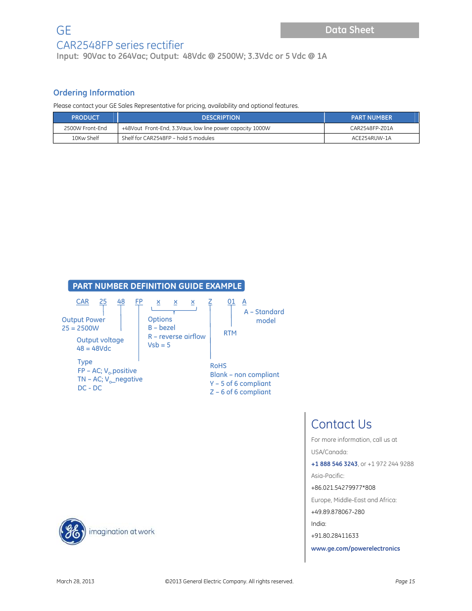 Contact us, Car2548fp series rectifier, Data sheet | GE Industrial Solutions CAR2548FP series User Manual | Page 15 / 15