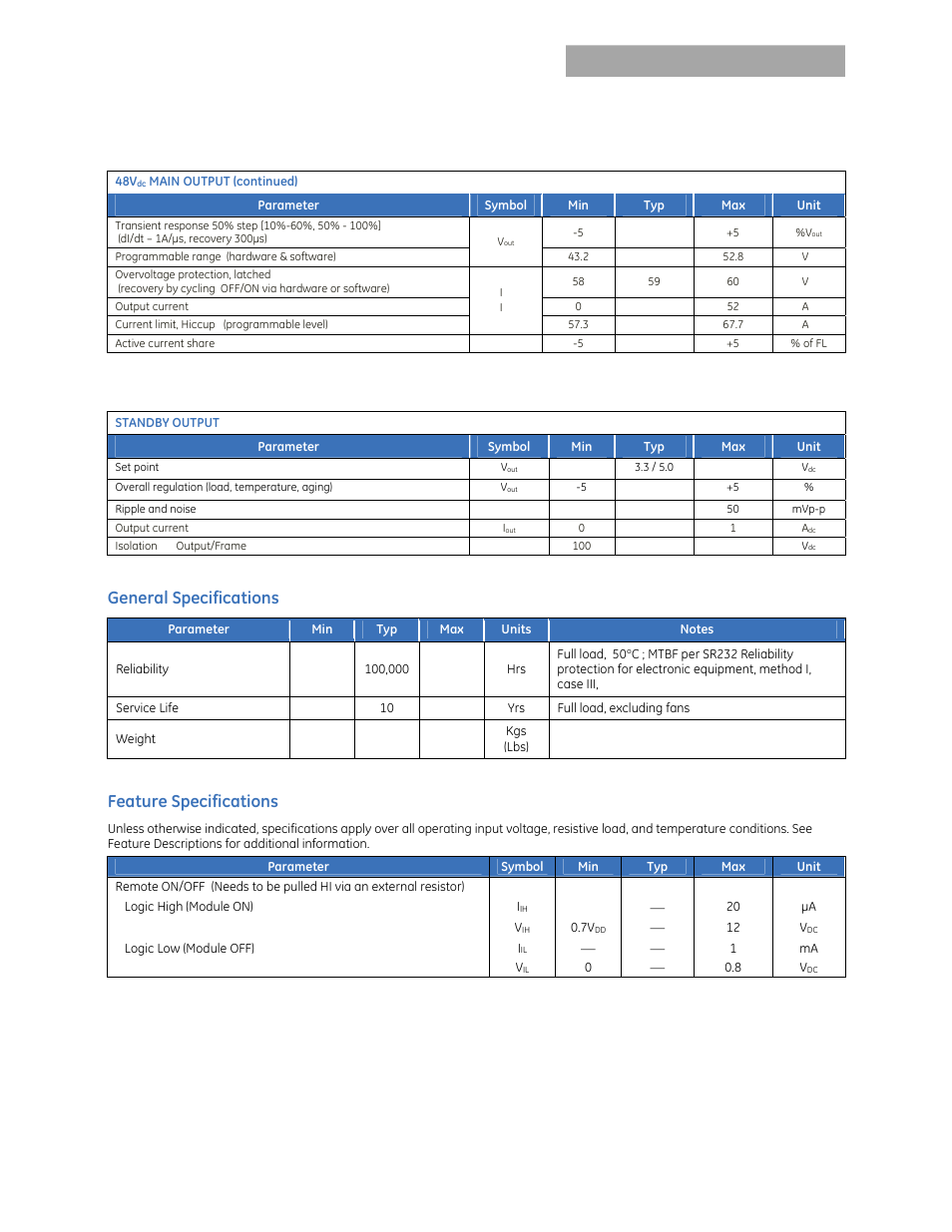 Car2512fp series rectifier, Data sheet, General specifications | Feature specifications | GE Industrial Solutions CAR2548FP series User Manual | Page 3 / 15