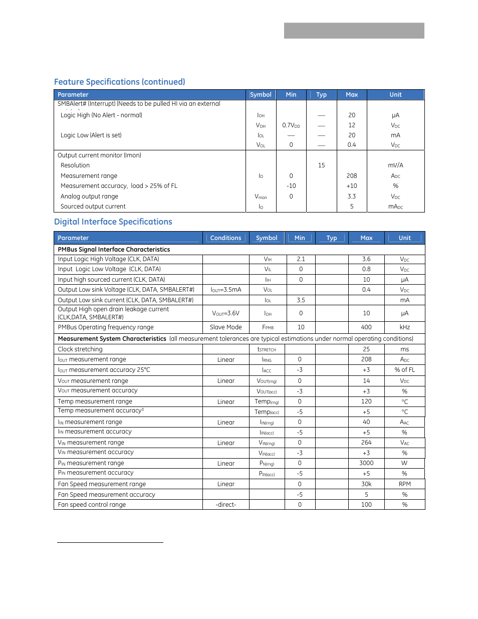 Car2512fp series rectifier, Data sheet, Feature specifications (continued) | Digital interface specifications | GE Industrial Solutions CAR2548FP series User Manual | Page 5 / 15