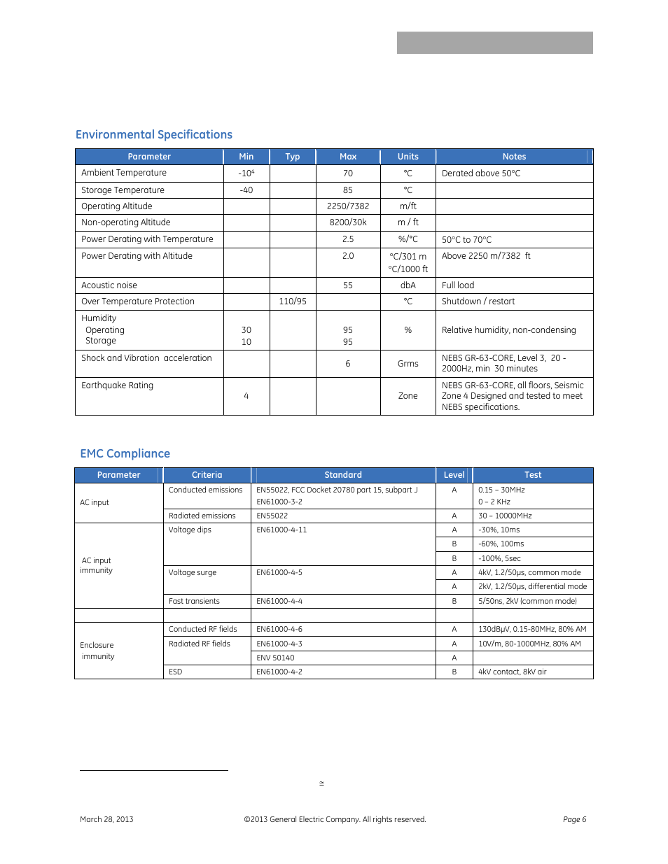 Car2512fp series rectifier, Data sheet, Environmental specifications | Emc compliance | GE Industrial Solutions CAR2548FP series User Manual | Page 6 / 15