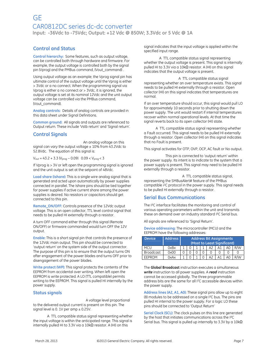 Car0812dc series dc-dc converter, Data sheet, Control and status | Control signals, Serial bus communications | GE Industrial Solutions CAR2548FP series User Manual | Page 7 / 15