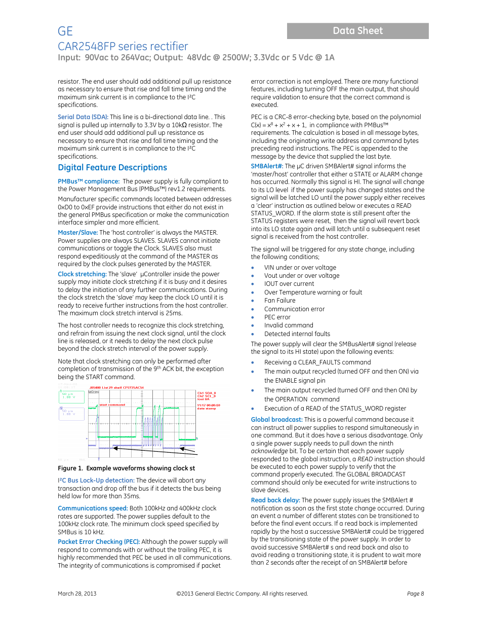 Car2548fp series rectifier, Data sheet, Digital feature descriptions | GE Industrial Solutions CAR2548FP series User Manual | Page 8 / 15