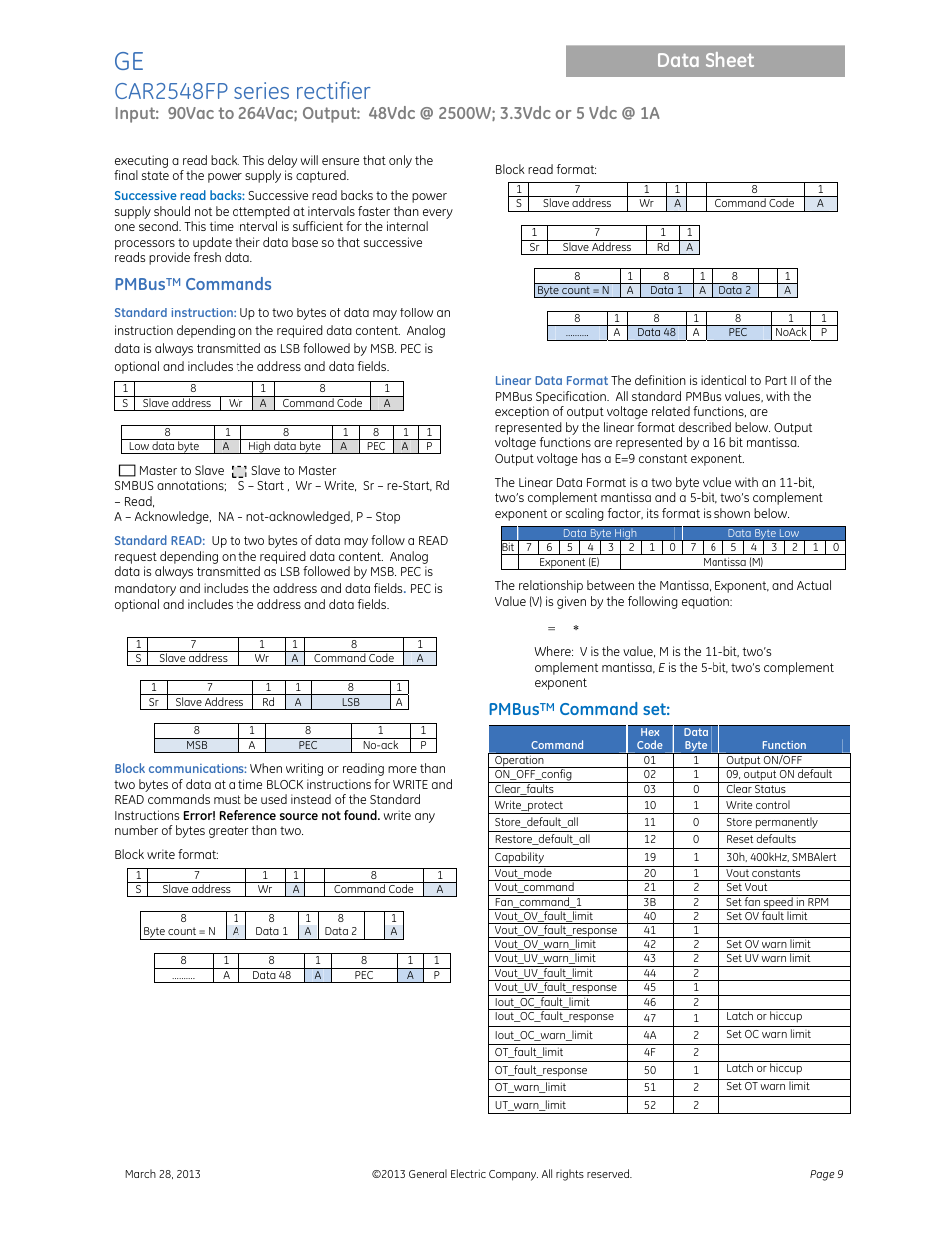 Car2548fp series rectifier, Data sheet, Pmbus | Commands, Command set | GE Industrial Solutions CAR2548FP series User Manual | Page 9 / 15