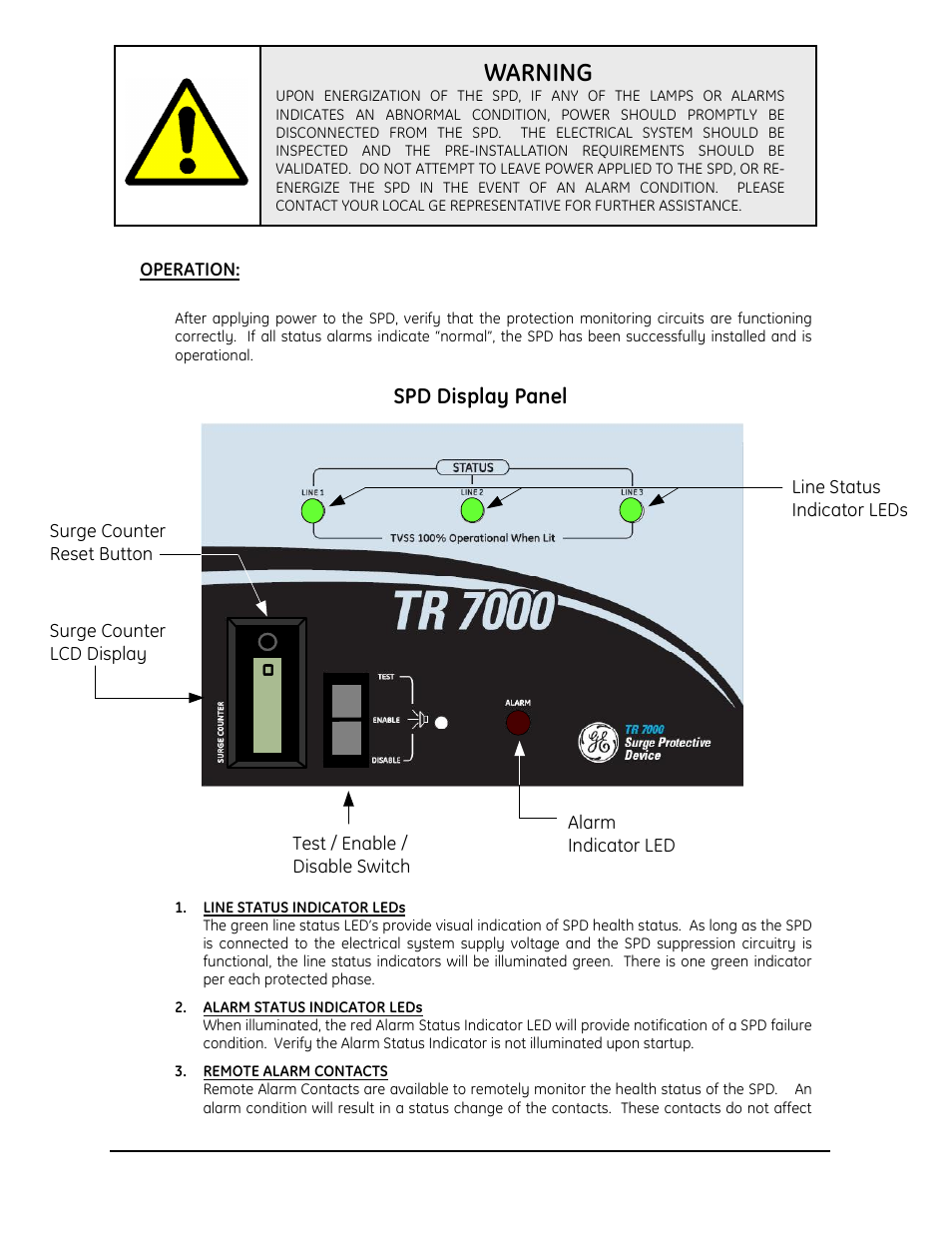 Warning, Spd display panel | GE Industrial Solutions GE TR7000 Series User Manual | Page 15 / 17