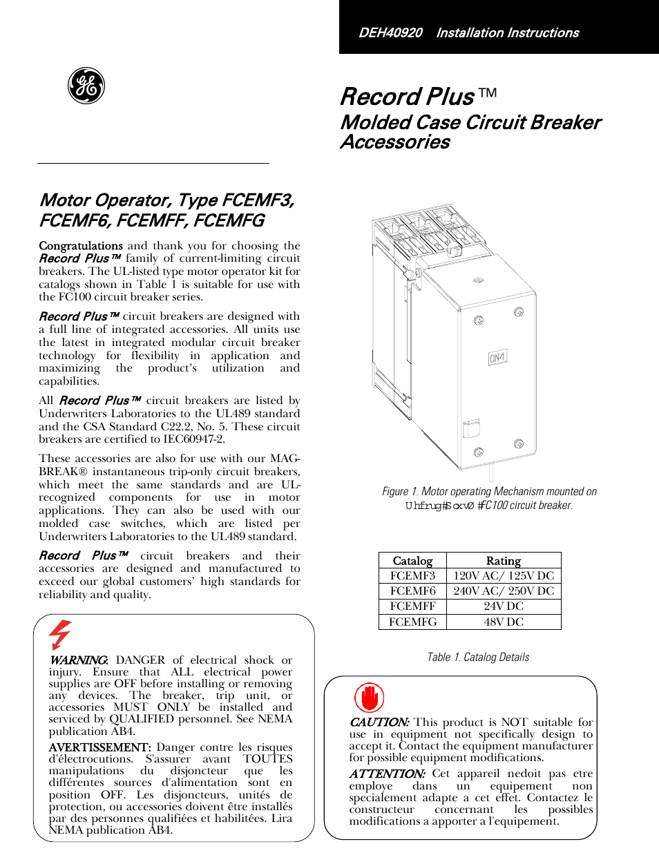 GE Industrial Solutions Record Plus Motor Operator Mechanism: FC100 User Manual | 6 pages