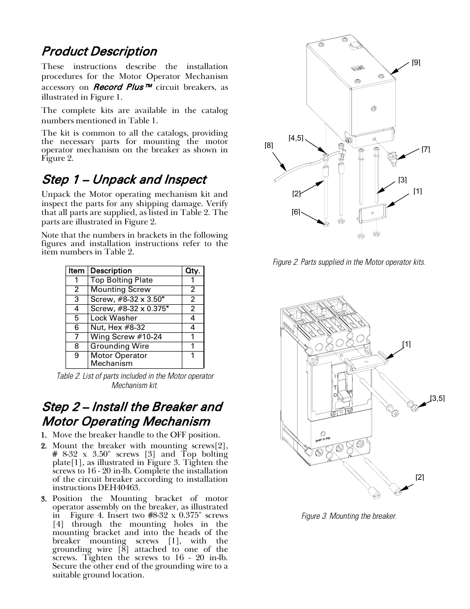 Product description, Step 1 – unpack and inspect | GE Industrial Solutions Record Plus Motor Operator Mechanism: FC100 User Manual | Page 2 / 6