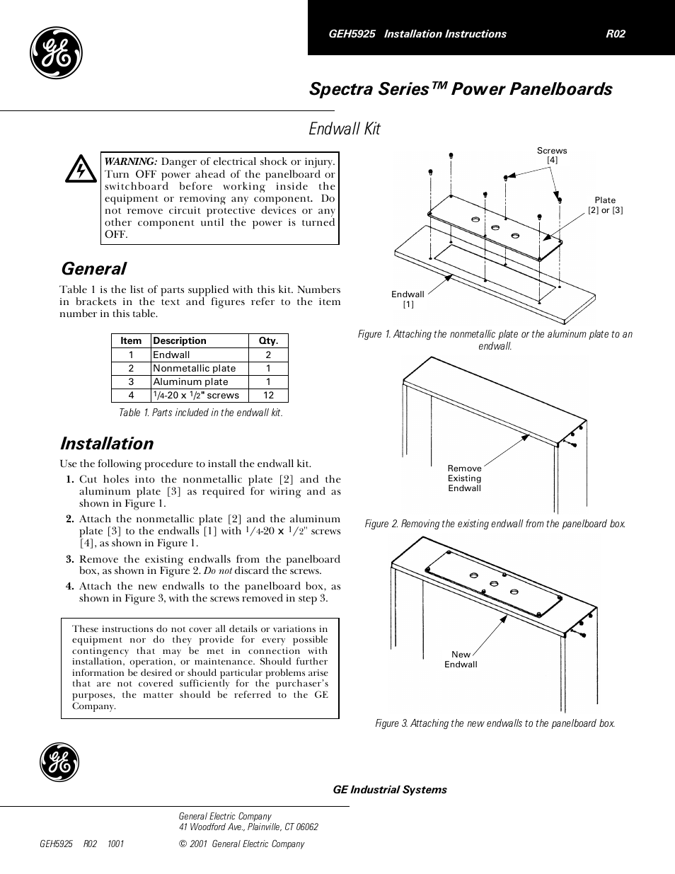 GE Industrial Solutions Spectra Series Power Panelboards Endwall Kit User Manual | 1 page