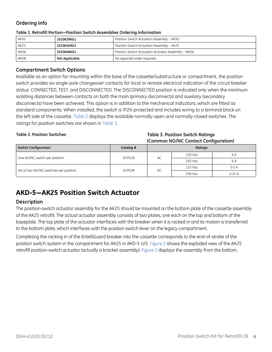 Akd-5—ak25 position switch actuator, Ordering info compartment switch options, Description | GE Industrial Solutions Position Switch Kit User Manual | Page 5 / 12