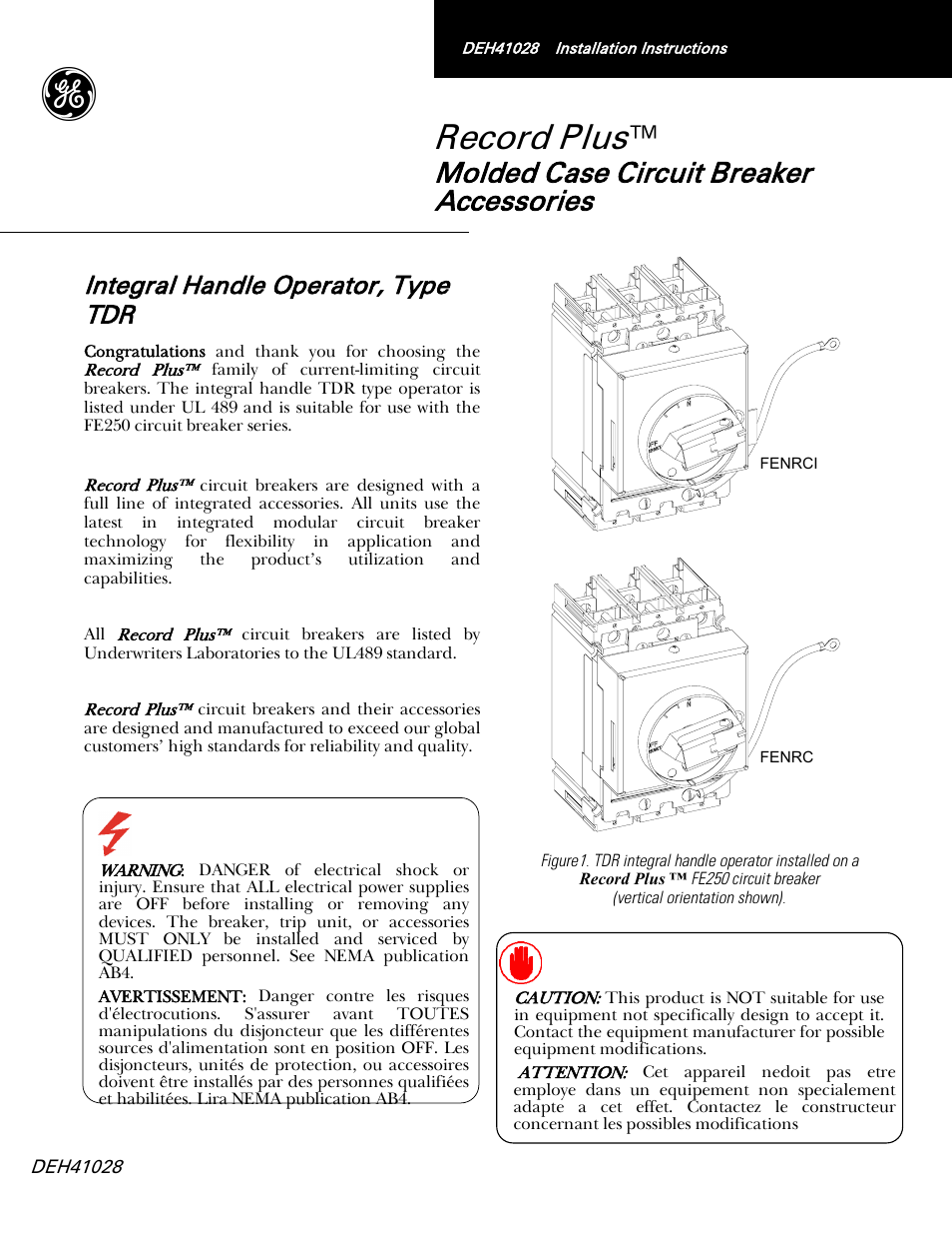 GE Industrial Solutions Record Plus TDR, NEMA 1, 12: FE250 User Manual | 5 pages