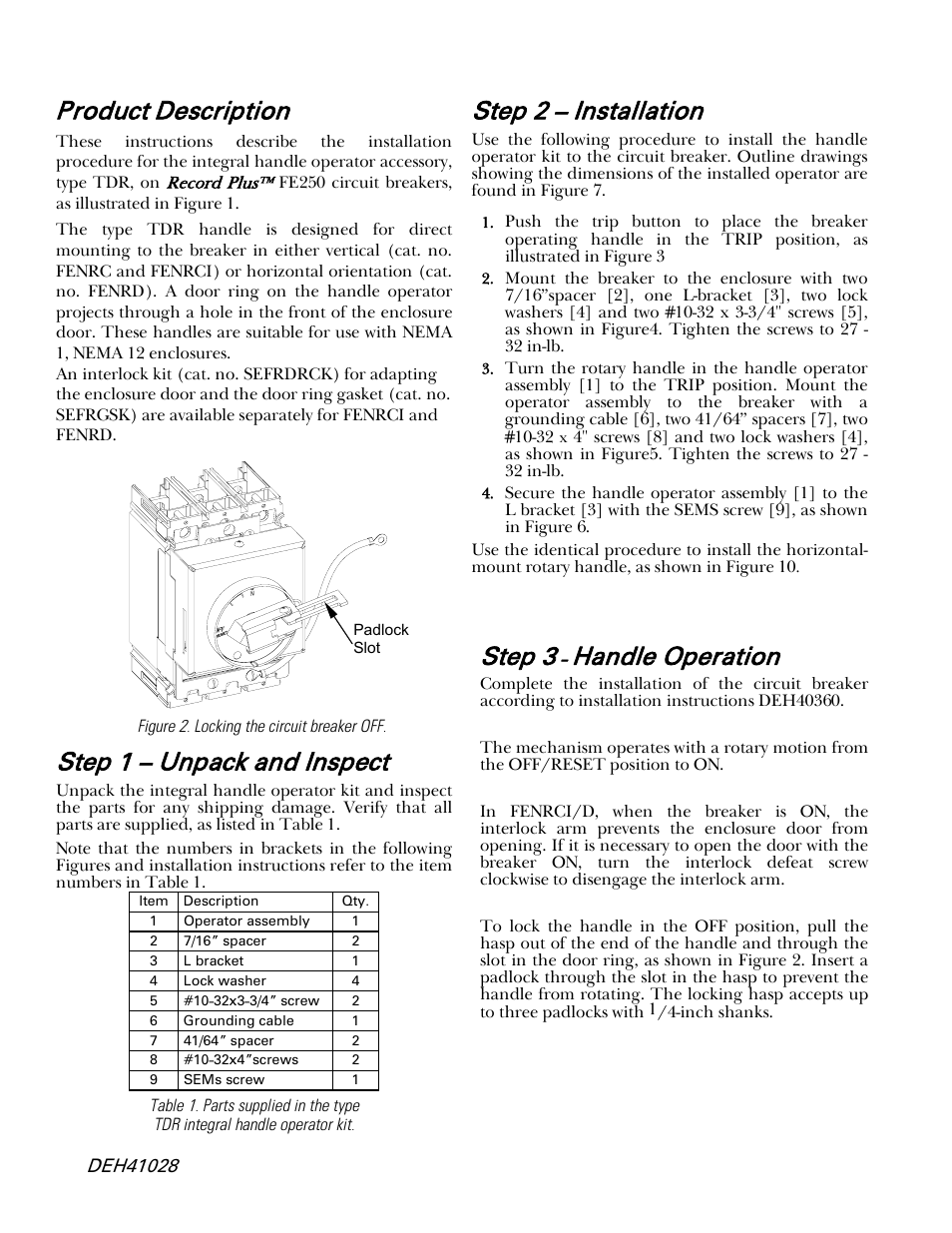 Product description, Step 1 – unpack and inspect, Step 2 – installation | Step 3, Handle operation | GE Industrial Solutions Record Plus TDR, NEMA 1, 12: FE250 User Manual | Page 2 / 5