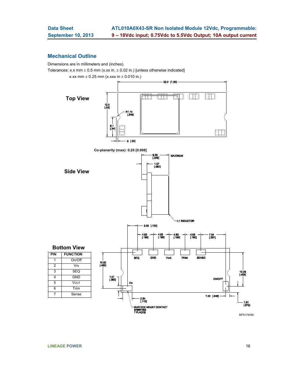 Mechanical outline, Top view, Side view bottom view | GE Industrial Solutions ATL010A0X43-SR User Manual | Page 16 / 21