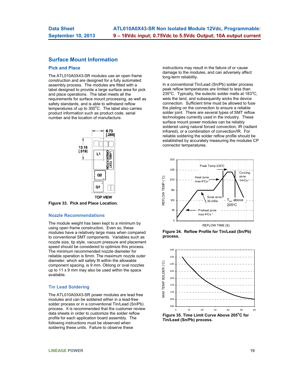 Surface mount information, Pick and place, Nozzle recommendations | Tin lead soldering | GE Industrial Solutions ATL010A0X43-SR User Manual | Page 19 / 21