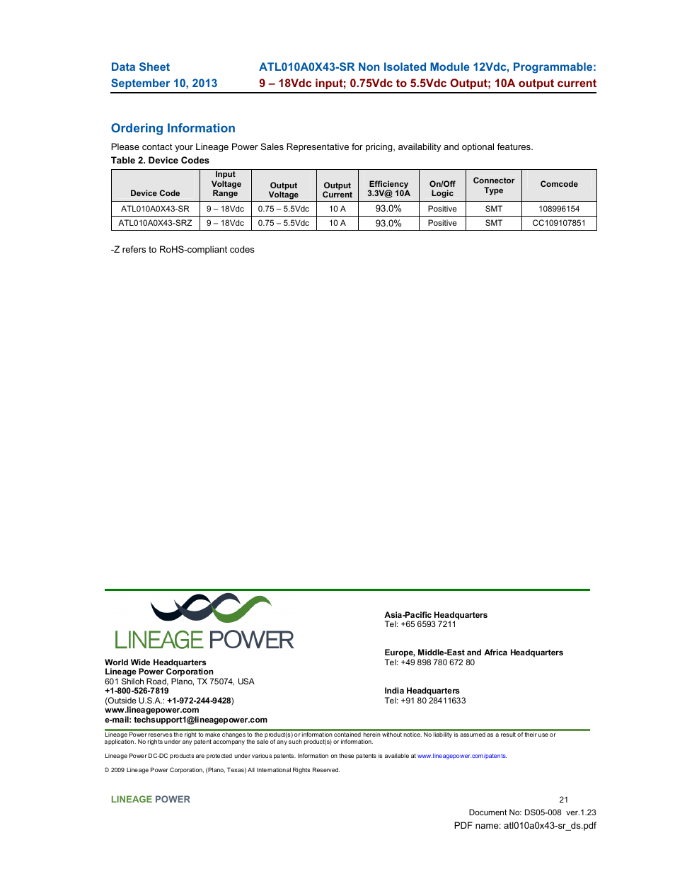 Ordering information | GE Industrial Solutions ATL010A0X43-SR User Manual | Page 21 / 21