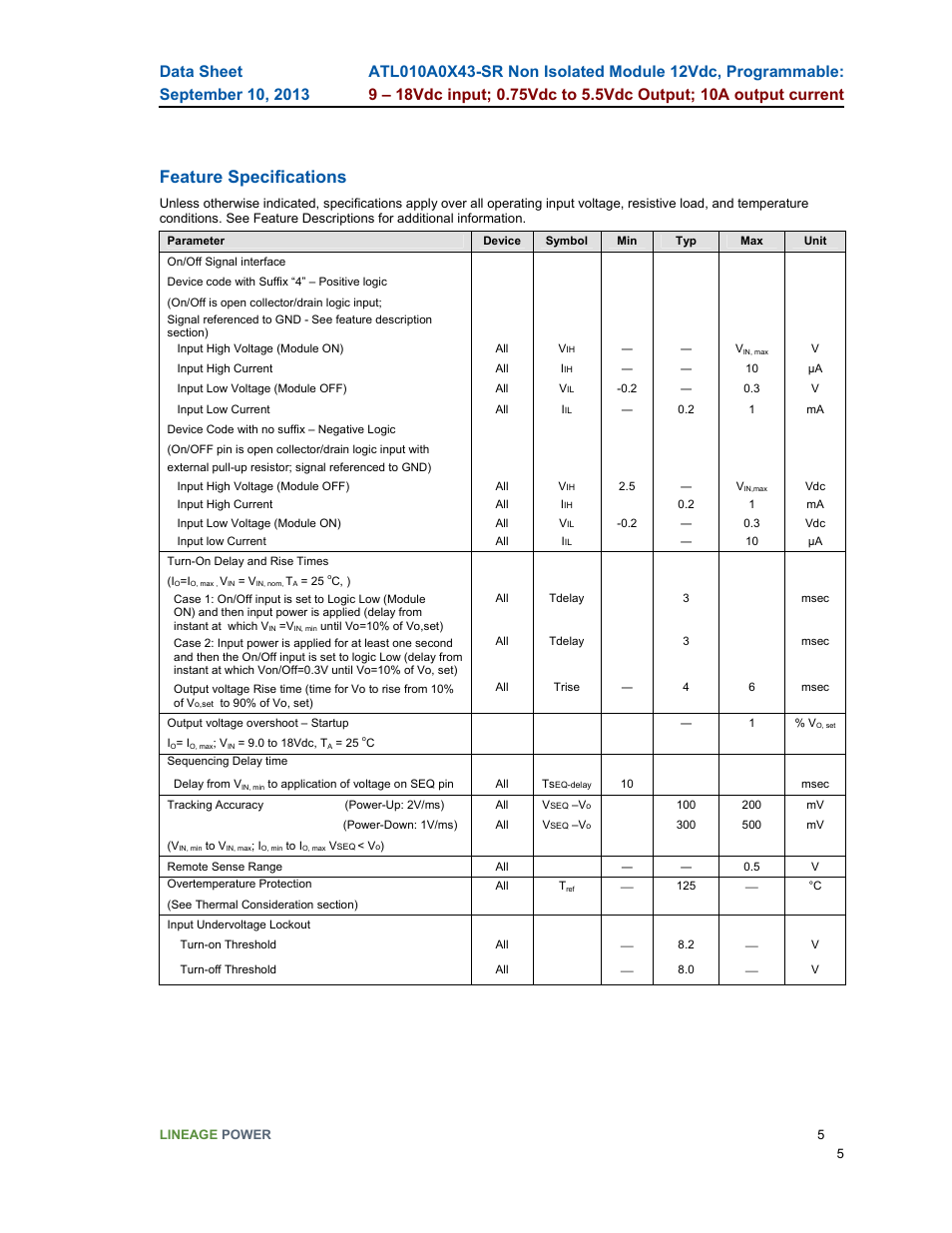 Feature specifications | GE Industrial Solutions ATL010A0X43-SR User Manual | Page 5 / 21