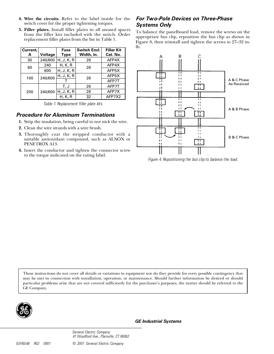 Procedure for aluminum terminations, For two-pole devices on three-phase systems only | GE Industrial Solutions Spectra Series Power Panelboards 30–200 Ampere Fusible Switch User Manual | Page 2 / 2