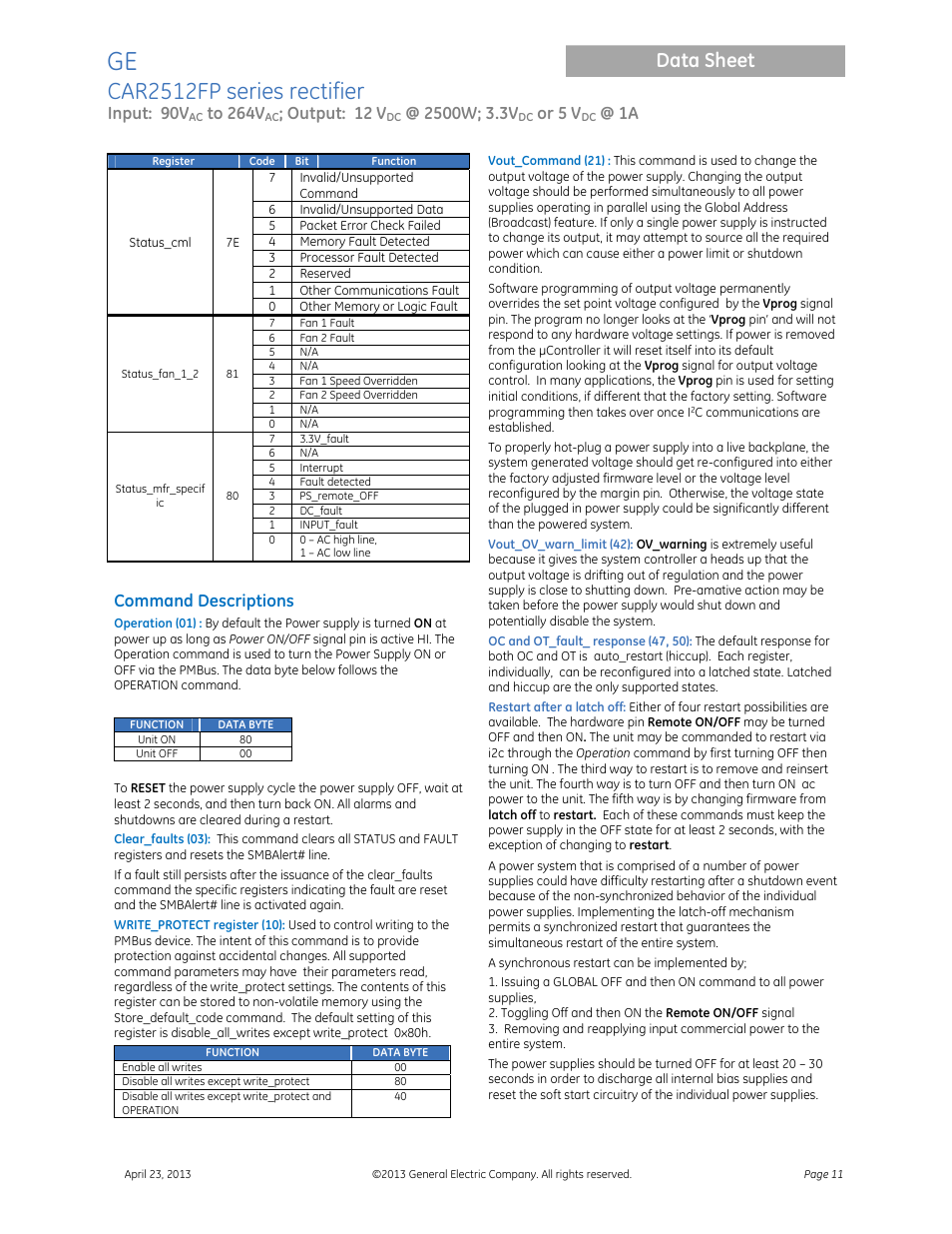 Car2512fp series rectifier, Data sheet, Input: 90v | Output: 12 v, Or 5 v, Command descriptions | GE Industrial Solutions CAR2512FP Front-End User Manual | Page 11 / 15