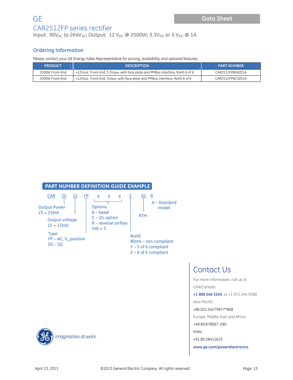 Contact us, Car2512fp series rectifier, Data sheet | GE Industrial Solutions CAR2512FP Front-End User Manual | Page 15 / 15