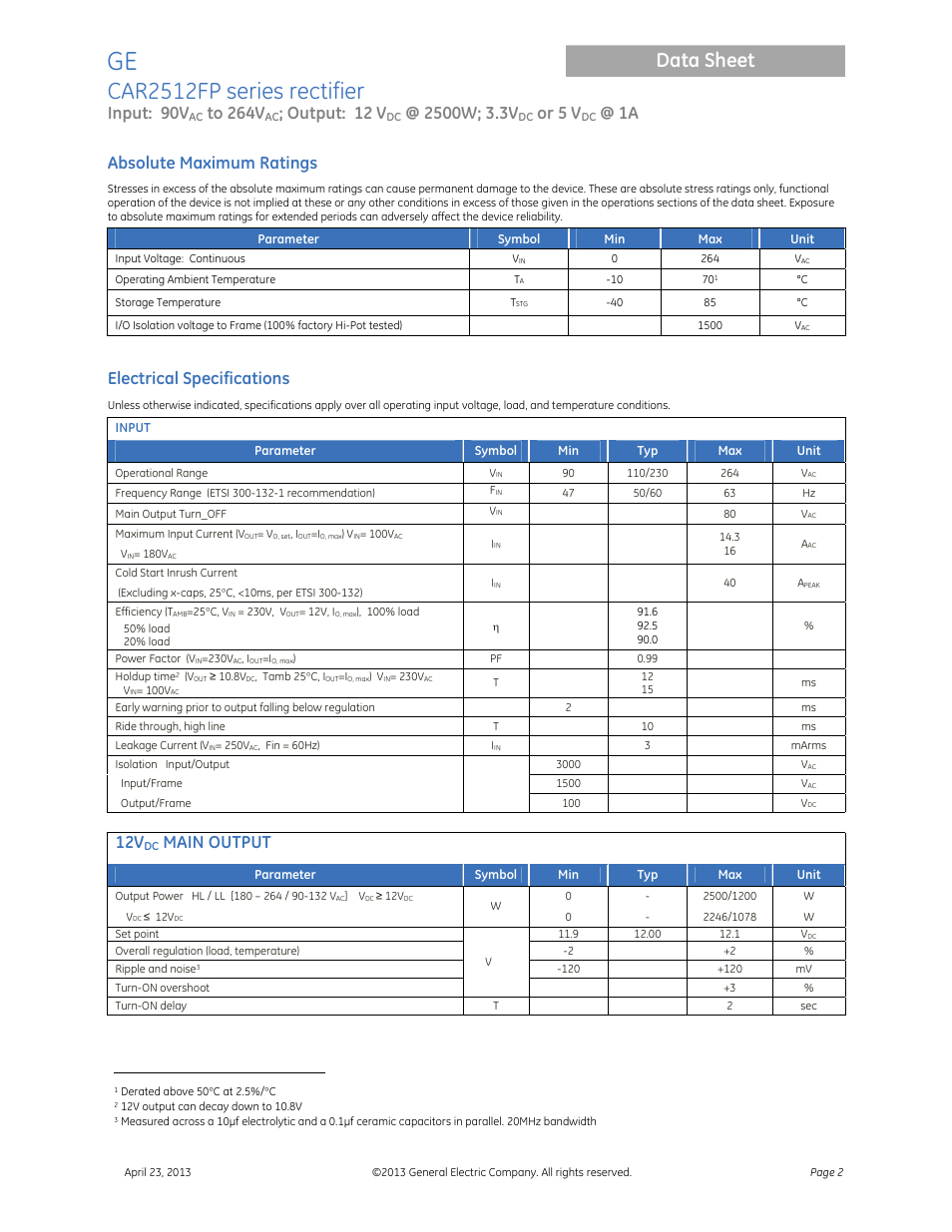 Car2512fp series rectifier, Data sheet, Input: 90v | Output: 12 v, Or 5 v, Absolute maximum ratings, Electrical specifications, Main output | GE Industrial Solutions CAR2512FP Front-End User Manual | Page 2 / 15