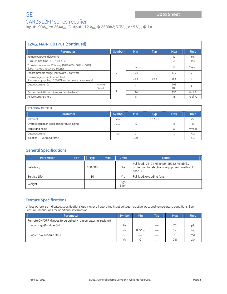 Car2512fp series rectifier, Data sheet, Input: 90v | Output: 12 v, Or 5 v, Main output (continued), General specifications, Feature specifications | GE Industrial Solutions CAR2512FP Front-End User Manual | Page 3 / 15