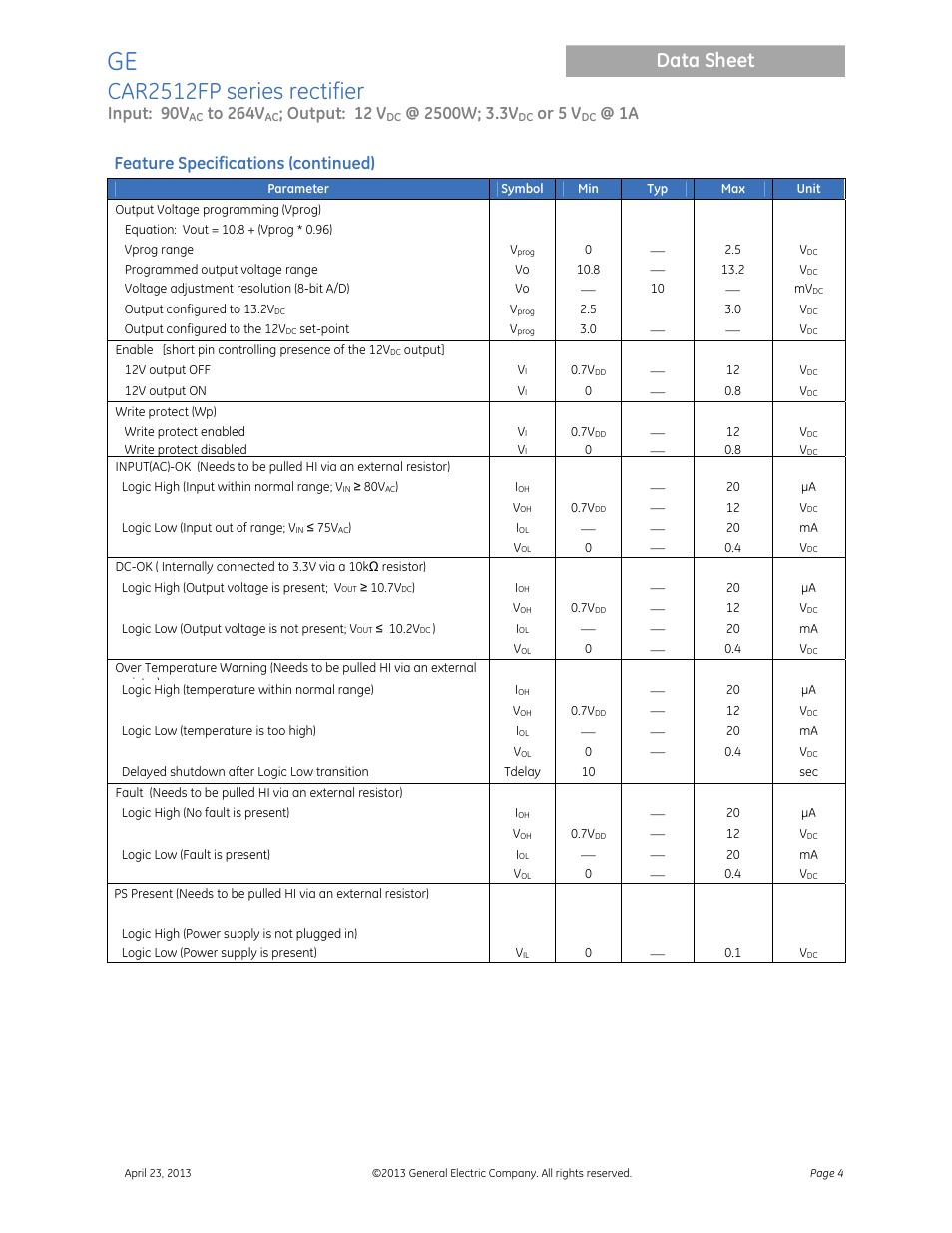 Car2512fp series rectifier, Data sheet, Input: 90v | Output: 12 v, Or 5 v, Feature specifications (continued) | GE Industrial Solutions CAR2512FP Front-End User Manual | Page 4 / 15