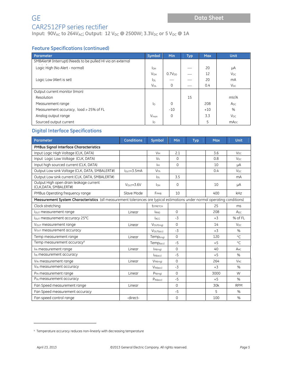 Car2512fp series rectifier, Data sheet, Input: 90v | Output: 12 v, Or 5 v, Feature specifications (continued), Digital interface specifications | GE Industrial Solutions CAR2512FP Front-End User Manual | Page 5 / 15