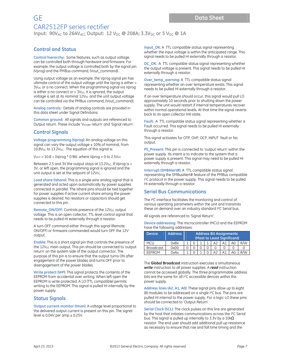 Car2512fp series rectifier, Data sheet, Input: 90v | Output: 12 v, Or 5 v, Control and status, Control signals, Status signals, Serial bus communications | GE Industrial Solutions CAR2512FP Front-End User Manual | Page 7 / 15