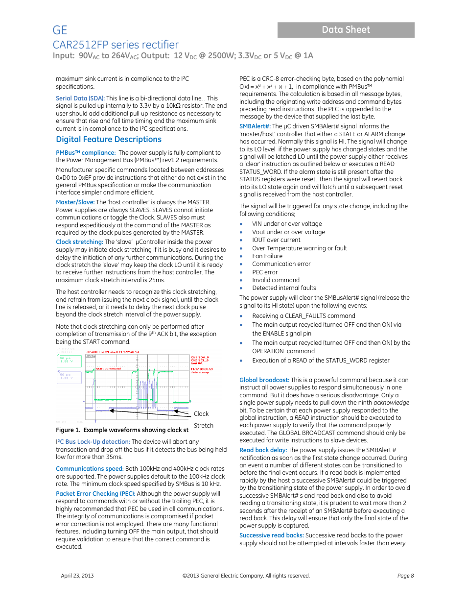 Car2512fp series rectifier, Data sheet, Input: 90v | Output: 12 v, Or 5 v, Digital feature descriptions | GE Industrial Solutions CAR2512FP Front-End User Manual | Page 8 / 15