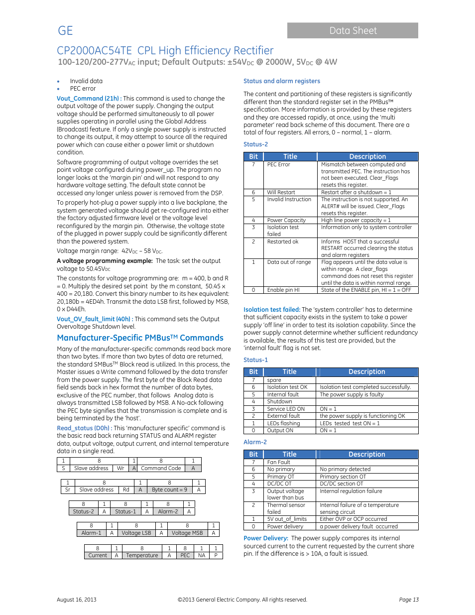 Data sheet, Input; default outputs: ±54v, Manufacturer-specific pmbus | Commands | GE Industrial Solutions CP2000AC54TE User Manual | Page 13 / 20